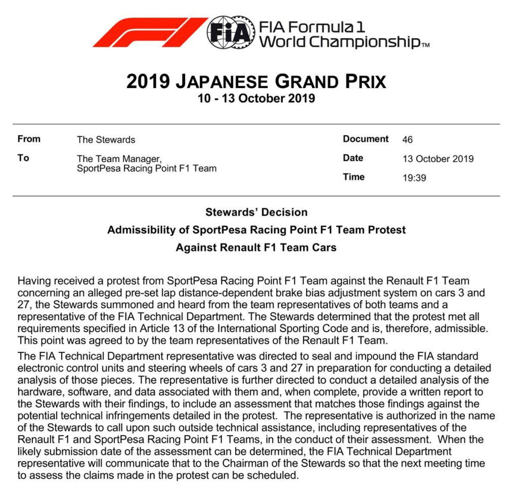 F1 | GP Giappone, reclamo Racing Point contro Renault per il sistema di bilanciamento freni