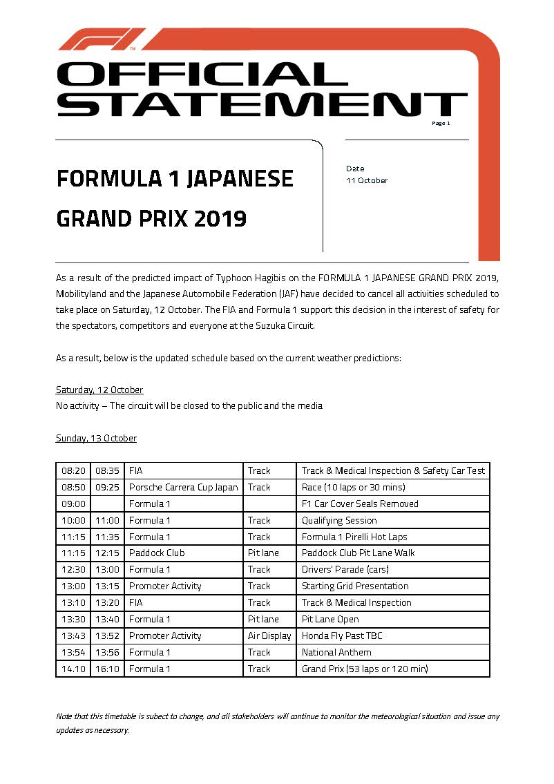 F1 | GP Giappone, cancellata l'attività del sabato per il tifone Hagibis