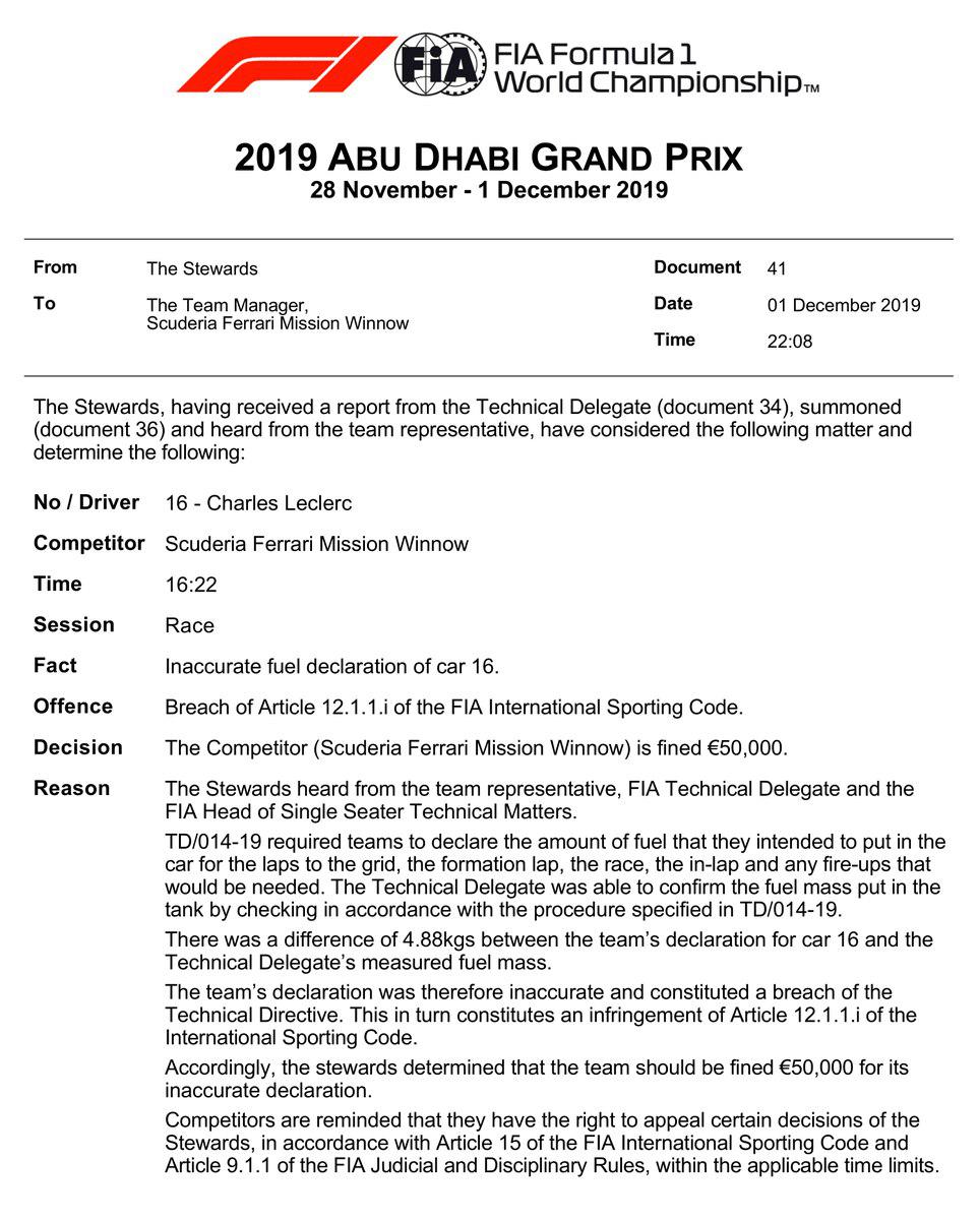 F1 | GP Abu Dhabi, Ferrari multata per la discrepanza nella benzina di Leclerc