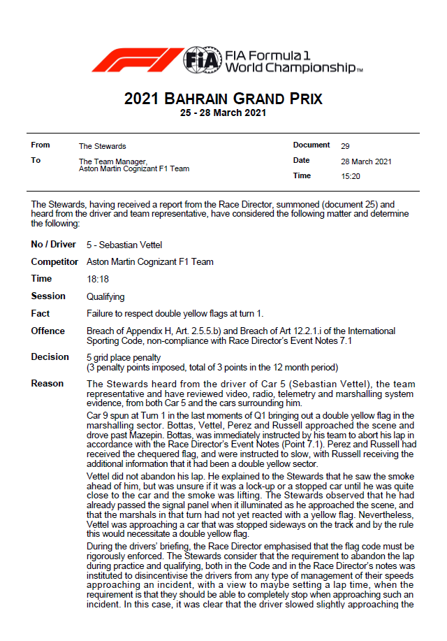 F1 | GP Bahrain 2021: +5 per Vettel in griglia per doppie gialle non rispettate (ma non ancora attive) in Q1 F1 | GP Bahrain 2021: +5 per Vettel in griglia per doppie gialle non rispettate (ma non ancora attive) in Q1