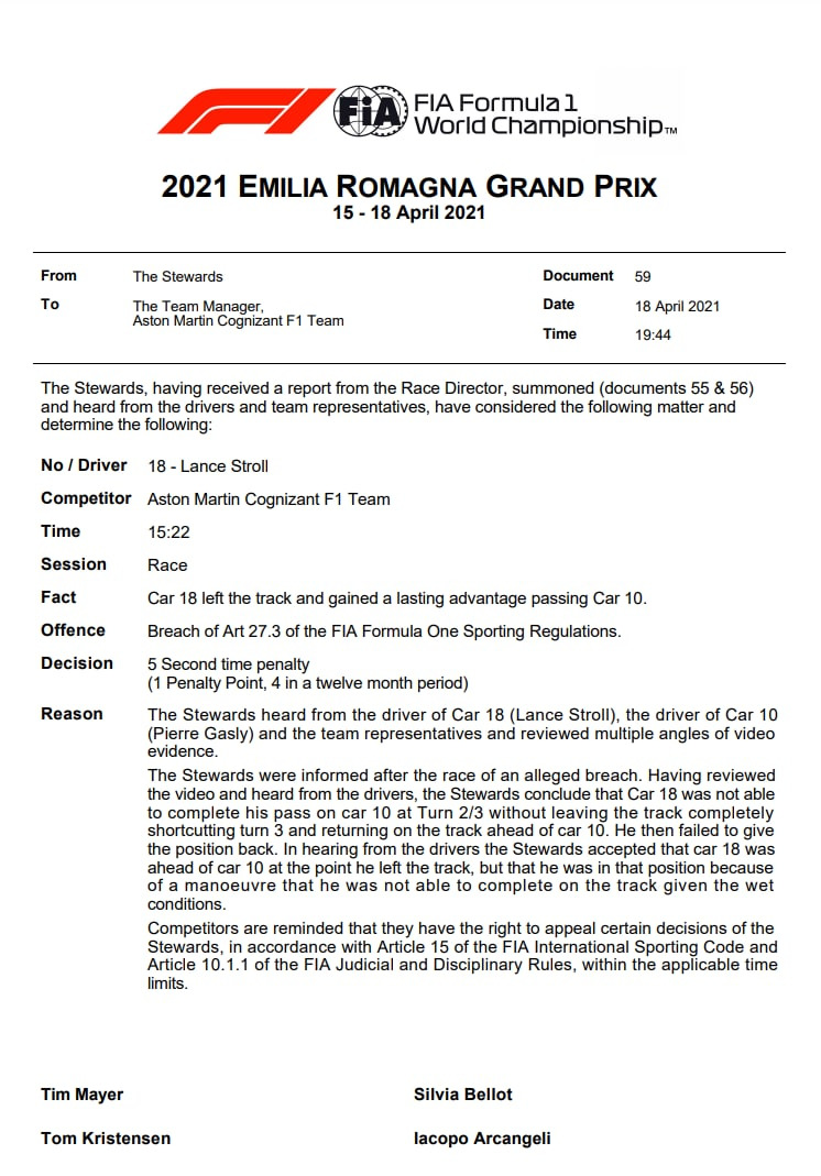 F1 | GP Emilia Romagna 2021: Stroll penalizzato di 5 secondi, Gasly passa 7° F1 | GP Emilia Romagna 2021: Stroll penalizzato di 5 secondi, Gasly passa 7°
