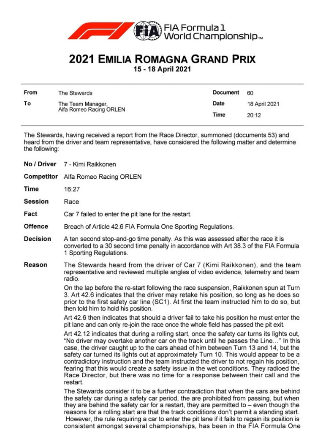 F1 | GP Emilia Romagna 2021: Raikkonen penalizzato di 30 secondi, da 9° termina 13°