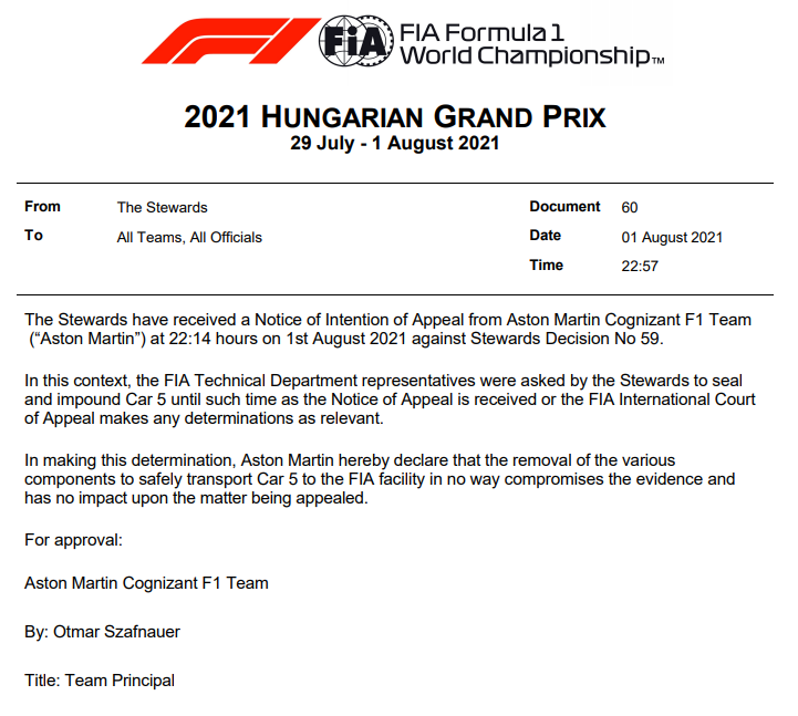 F1 | GP Ungheria 2021: contrordine FIA. Vettel (per ora) mantiene il 2° posto in attesa dell'appello F1 | GP Ungheria 2021: contrordine FIA. Vettel (per ora) mantiene il 2° posto in attesa dell'appello