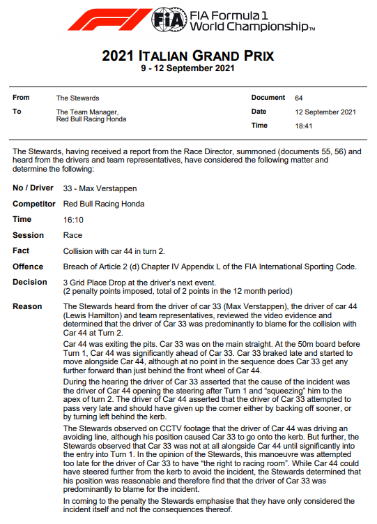 F1 | GP Italia 2021, Verstappen penalizzato: tre posizioni in griglia a Sochi per l'incidente con Hamilton F1 | GP Italia 2021, Verstappen penalizzato: tre posizioni in griglia a Sochi per l'incidente con Hamilton