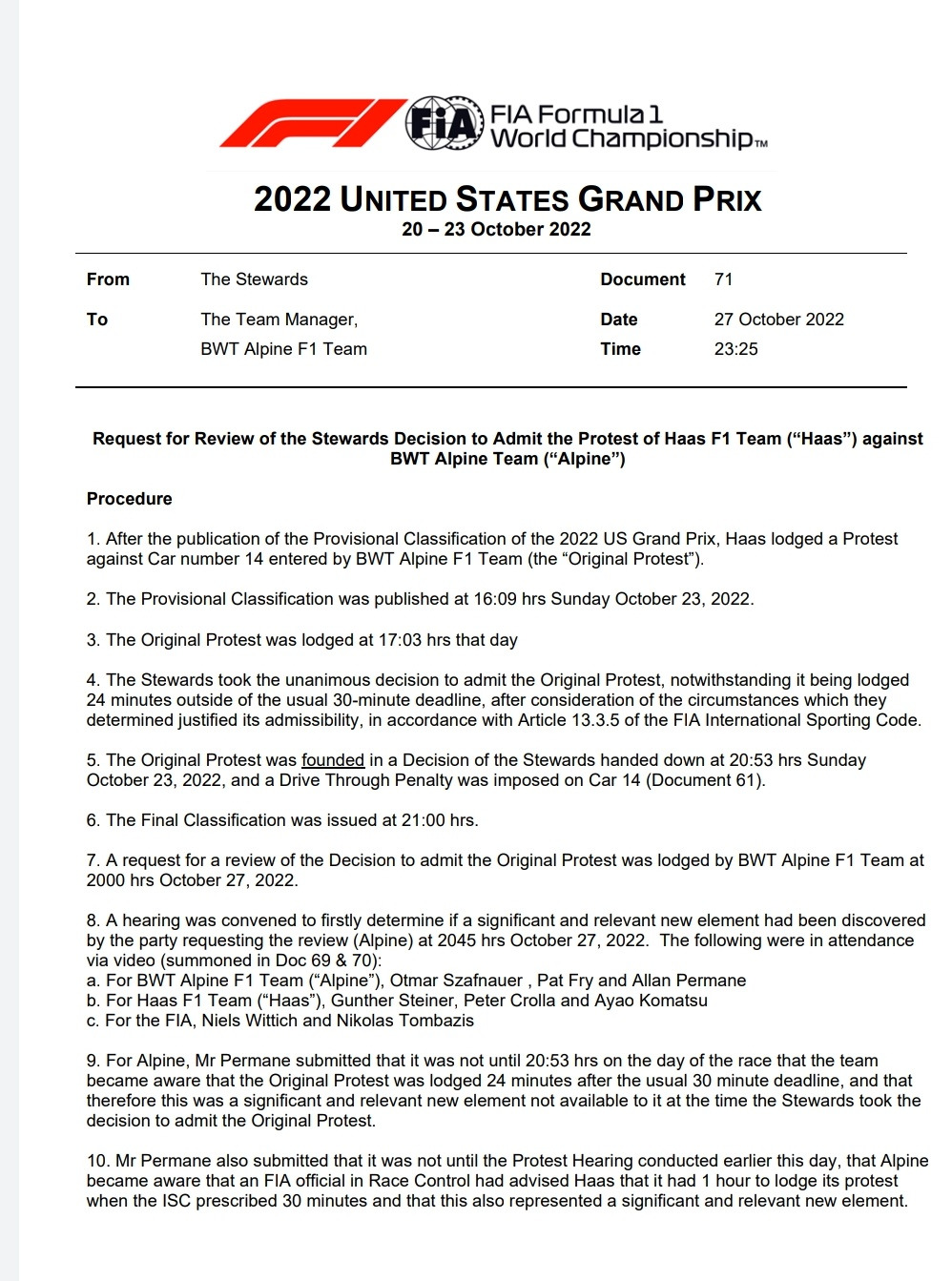 F1 | GP Stati Uniti 2022: accolta la contro protesta Alpine, annullata la penalità ad Alonso. Direzione Gara in crisi