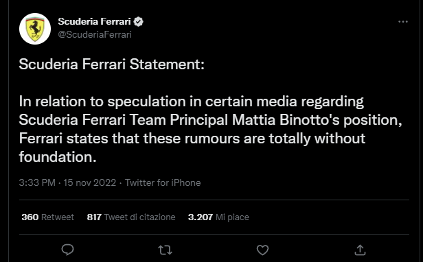 F1 | La Ferrari sull'uscita di Binotto: "Rumours totalmente senza fondamento" F1 | La Ferrari sull'uscita di Binotto: "Rumours totalmente senza fondamento"