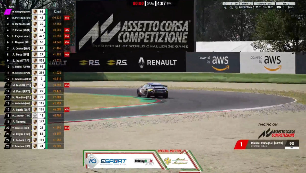 eSport | CIGT4 ACI ESport: Michael Romagnoli (GTWR R8G Academy) domina senza appello il penultimo round ad Imola